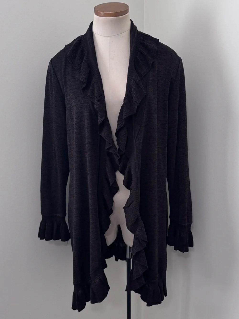 Exclusively Misook XS Brown Ruffle Trim Cardigan Sweater ~ Quiet Luxury Classic